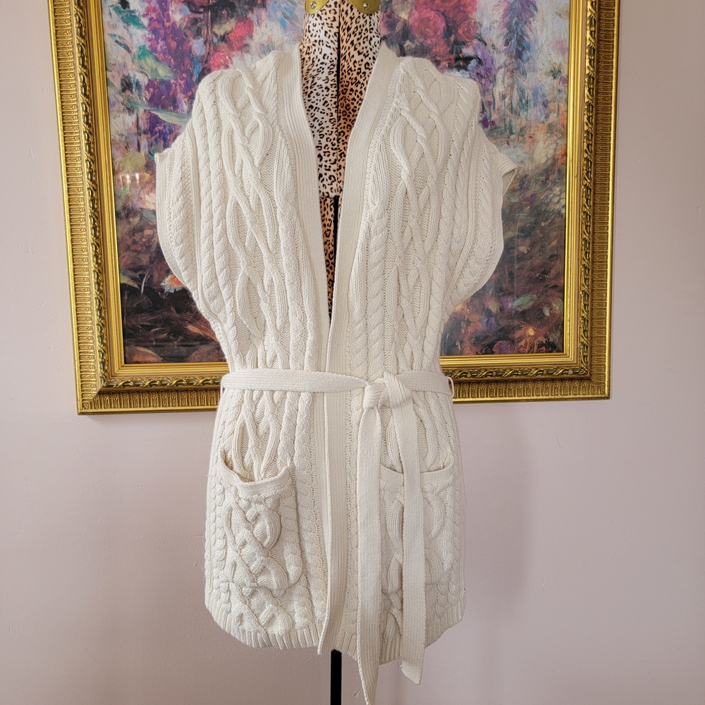 Denim & Supply Ralph Lauren Cream Cable-Knit Sleeveless Cardigan with Belt